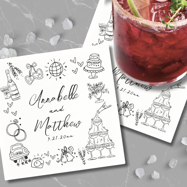Servilleta De Papel Boda Caprichosa Divertida Dibujada a Mano y Fantas (Quirky Fun Hand Drawn Whimsical Wedding Napkins)