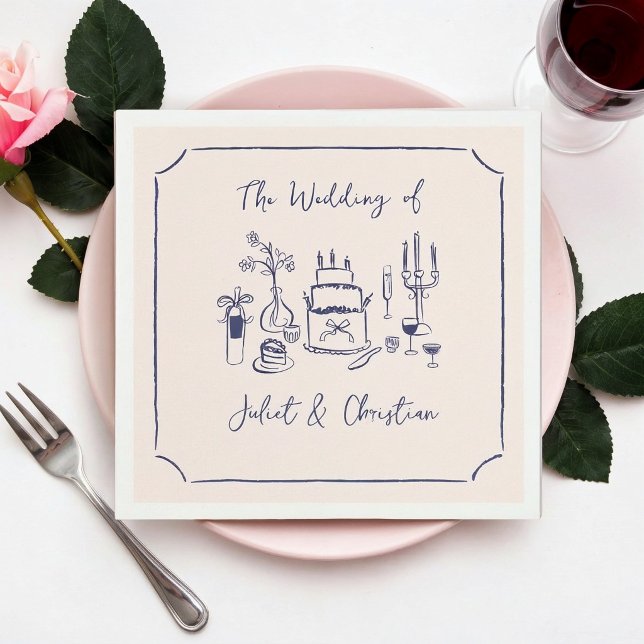 Servilleta De Papel Boda caprichosa garabateada a mano (blue quirky sketched wedding napkins)