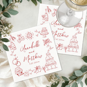 Servilleta De Papel Boda Caprichosa Rojo Dibujada a Mano