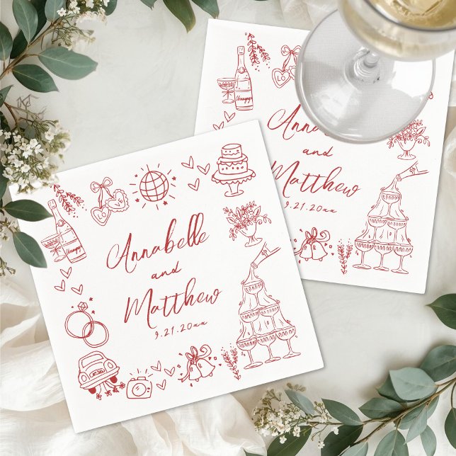 Servilleta De Papel Boda Caprichosa Rojo Dibujada a Mano (Hand Drawn Red Whimsical Wedding Napkins)
