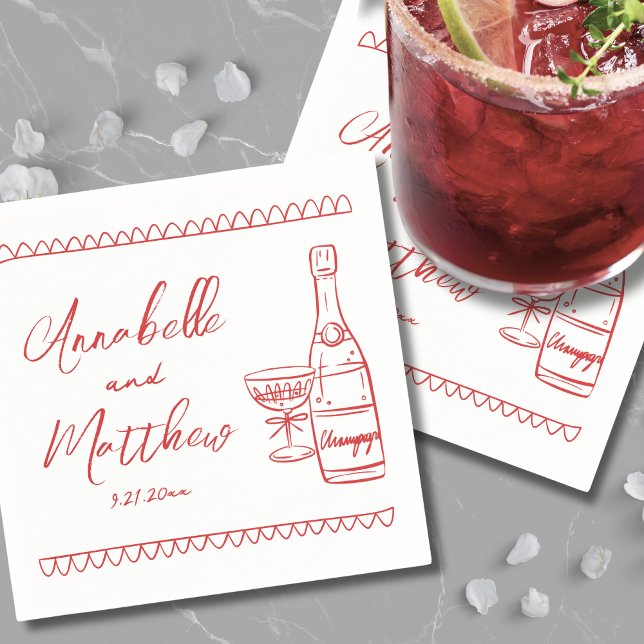 Servilleta De Papel Boda Caprichosa Rojo Dibujada a Mano (Hand Drawn Red Whimsical Wedding Napkins)