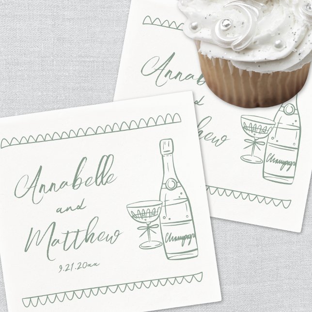 Servilleta De Papel Boda Caprichosa Verde Dibujada a Mano (Hand Drawn Green Whimsical Wedding Napkins)