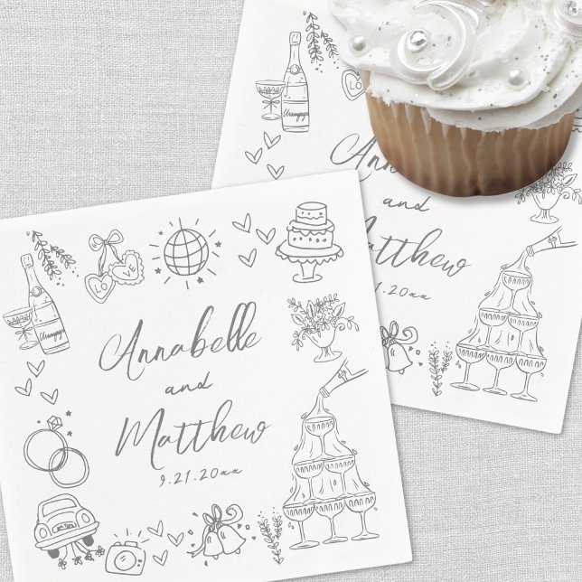 Servilleta De Papel Boda caprichoso y divertido (Quirky Fun Hand Drawn Whimsical Wedding Napkins)