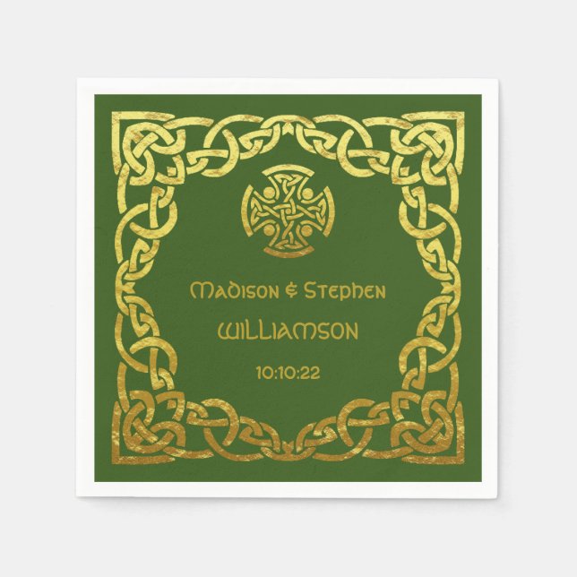 Servilleta De Papel Boda Celta Verde Falso Oro Personalizable (Anverso)