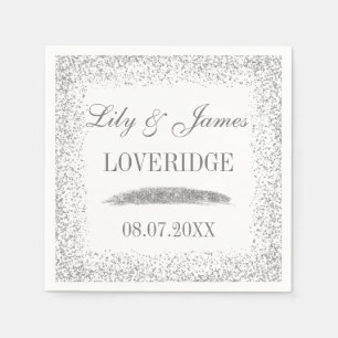 Servilleta De Papel Boda Chic Glam Blanco y Gris con Brillo de Plata