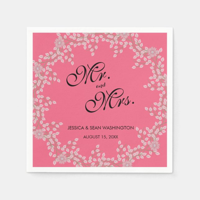 Servilleta De Papel Boda Chic Pink Floral y Perlas (Anverso)