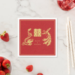 Servilleta De Papel Boda chino Dragon-Phoenix Doble Xi Red Gold