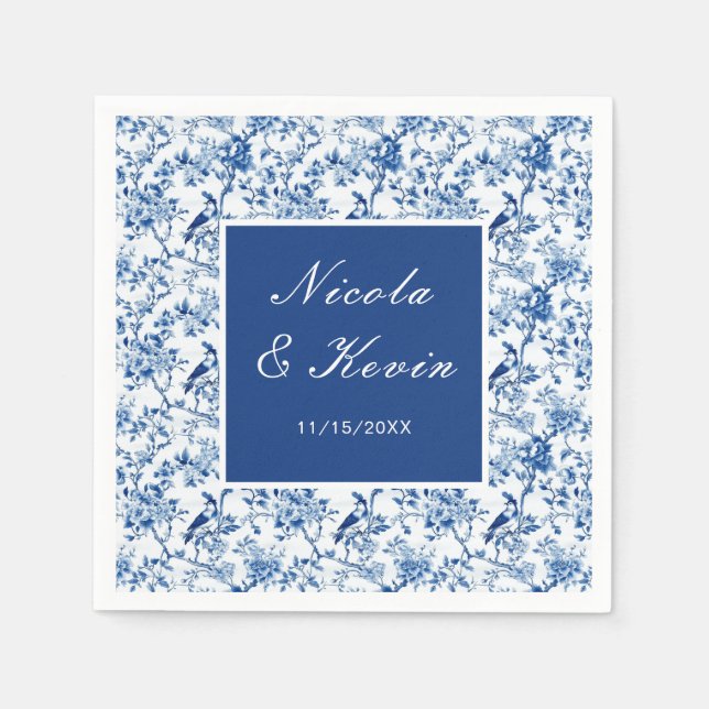 Servilleta De Papel Boda Chinoiserie Pájaros y Flores Azules (Anverso)
