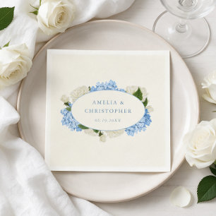 Servilleta De Papel Boda Clásica de Hortensia Azul y Rosa Blanca