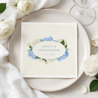 Servilleta De Papel Boda Clásica de Hortensia Azul y Rosa Blanca