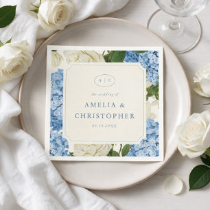 Servilleta De Papel Boda Clásica de Hortensia Azul y Rosa Blanca