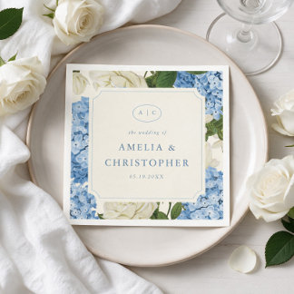 Servilleta De Papel Boda Clásica de Hortensia Azul y Rosa Blanca