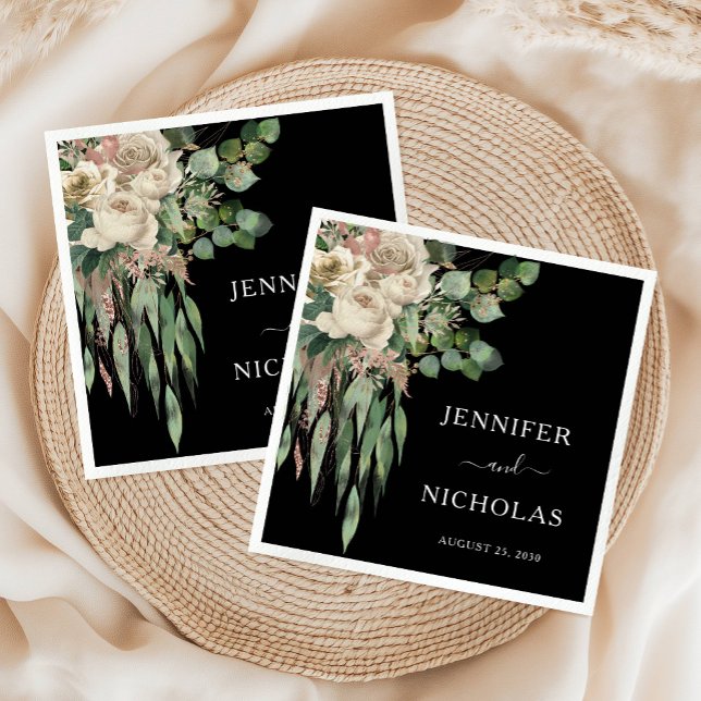 Servilleta De Papel Boda clásico de los peones negros (Classic Black Peonies Wedding Napkins)