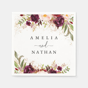Servilleta De Papel Boda con acuarela floral de color burdeos polvo de