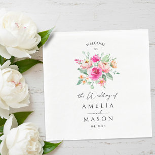 Servilleta De Papel Boda con Acuarela Floral Rosa Caliente
