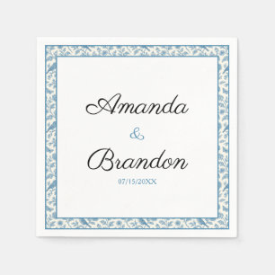 Servilleta De Papel Boda con borde floral de Toile de Jouy azul chic