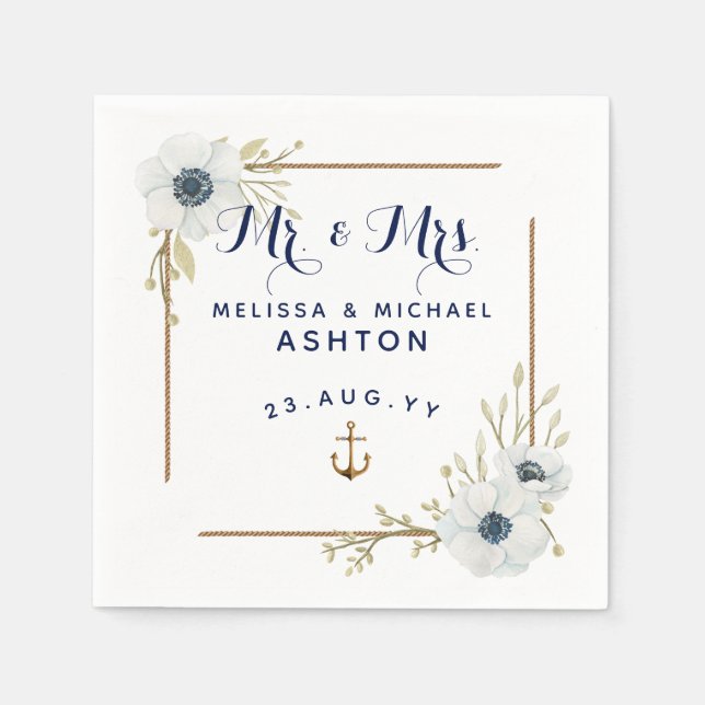 Servilleta De Papel Boda con citas de anémona azul y blanca de la Mari (Anverso)
