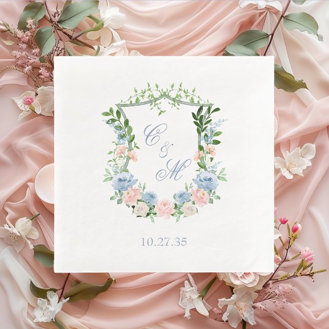 Servilleta De Papel Boda con Cresta Floral Azul Polvoriento (Subido por el creador)