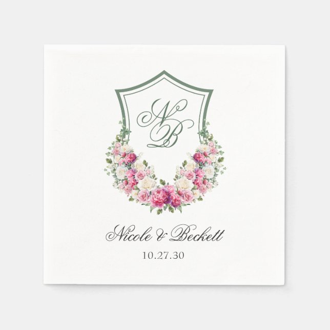 Servilleta De Papel Boda con Cresta Floral Rosa (Anverso)