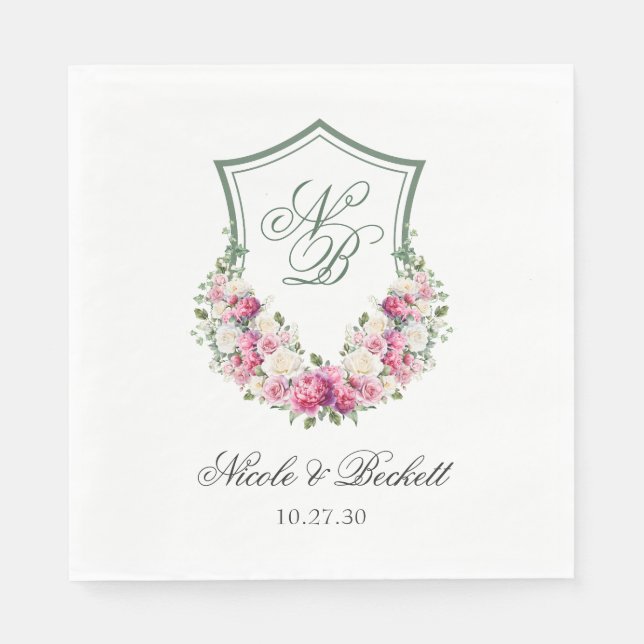 Servilleta De Papel Boda con Cresta Floral Rosa (Anverso)