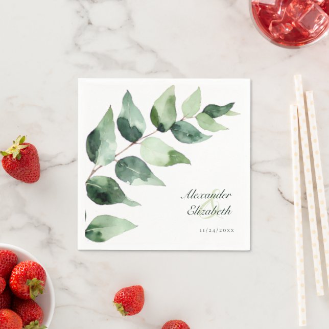 Servilleta De Papel Boda con Eucalipto en Acuarela | Papel Blanco (In situ)