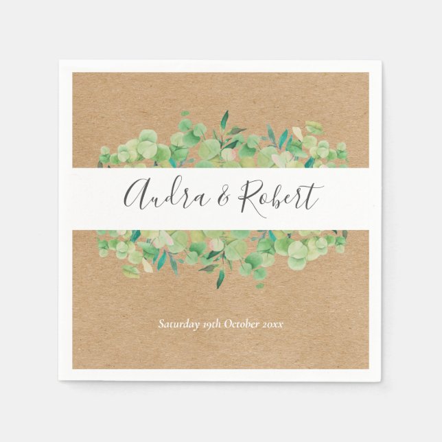 Servilleta De Papel Boda con guirnalda de eucalipto verde rústico (Anverso)