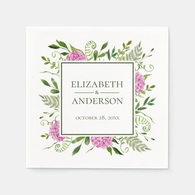 Servilleta De Papel Boda con Hortensias Rosadas (Anverso)