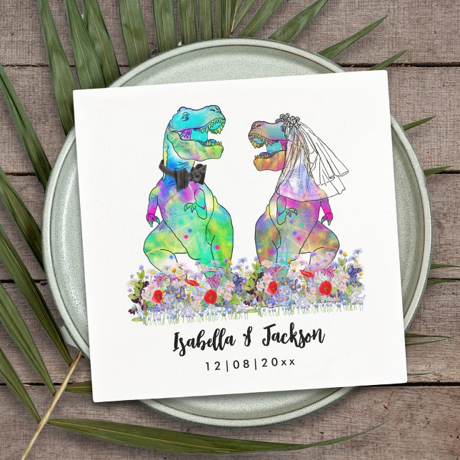 Servilleta De Papel Boda con tema de dinosaurios (Dinosaur wedding funny T-Rex bride and groom colorful floral personalized napkin)