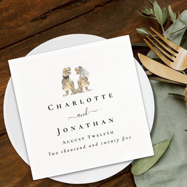 Servilleta De Papel Boda con tema de dinosaurios personalizada (dinosaur bride and groom wedding custom napkin T-Rex dino Jurassic destination wedding )