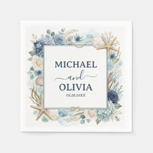 Servilleta De Papel Boda con tema de océano floral azul conchas marina