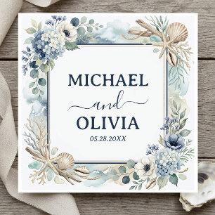 Servilleta De Papel Boda con tema de océano floral azul conchas marina