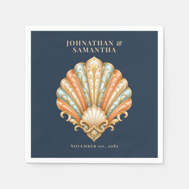 Servilleta De Papel Boda Costera Vintage con Conchas (Anverso)
