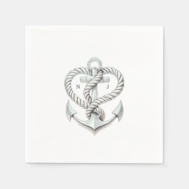 Servilleta De Papel Boda costero de Ancla de Anclaje Cardíaco Náutico (Anverso)