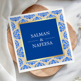 Servilleta De Papel Boda Damasco Azul con Hoja de Oro Falso