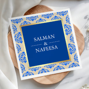 Servilleta De Papel Boda Damasco Azul con Hoja de Oro Falso