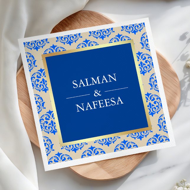 Servilleta De Papel Boda Damasco Azul con Hoja de Oro Falso (Subido por el creador)