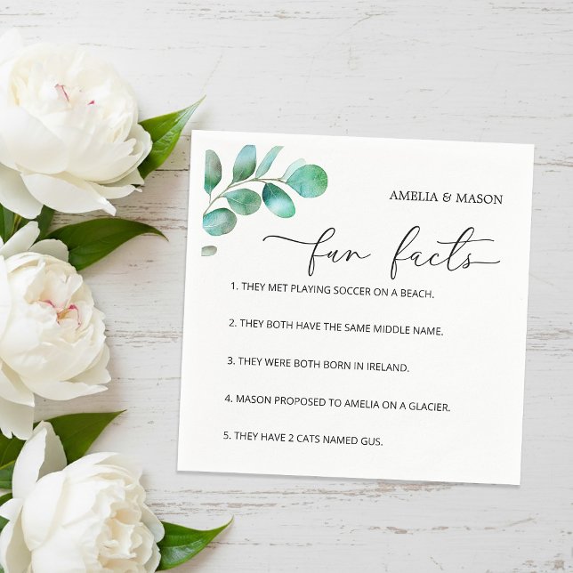 Servilleta De Papel Boda Datos Divertidos Caligrafía Script Eucalipto (Eucalyptus Script Calligraphy Fun Facts Wedding Napkins)