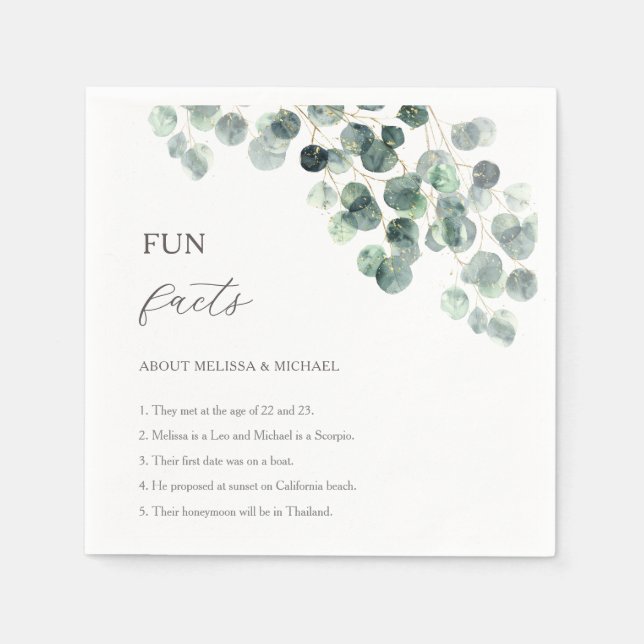 Servilleta De Papel Boda Datos Divertidos Eucalipto Verde Dorado  (Anverso)