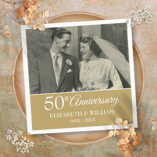 Servilleta De Papel boda de 50 años foto elegante de oro (50th Anniversary Wedding Photo Elegant Golden Napkins)