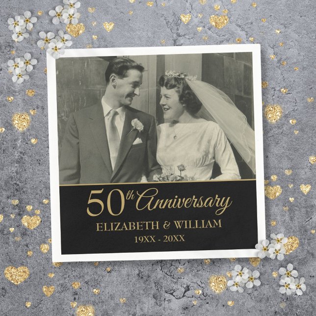 Servilleta De Papel boda de 50 años foto elegante oro negro (50th Anniversary Wedding Photo Elegant Gold Black Napkins)