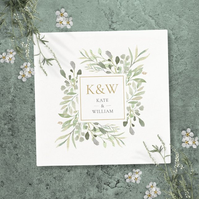 Servilleta De Papel Boda de acuarela de monograma dorado (Gold Monogram Greenery Watercolor Wedding Napkins)