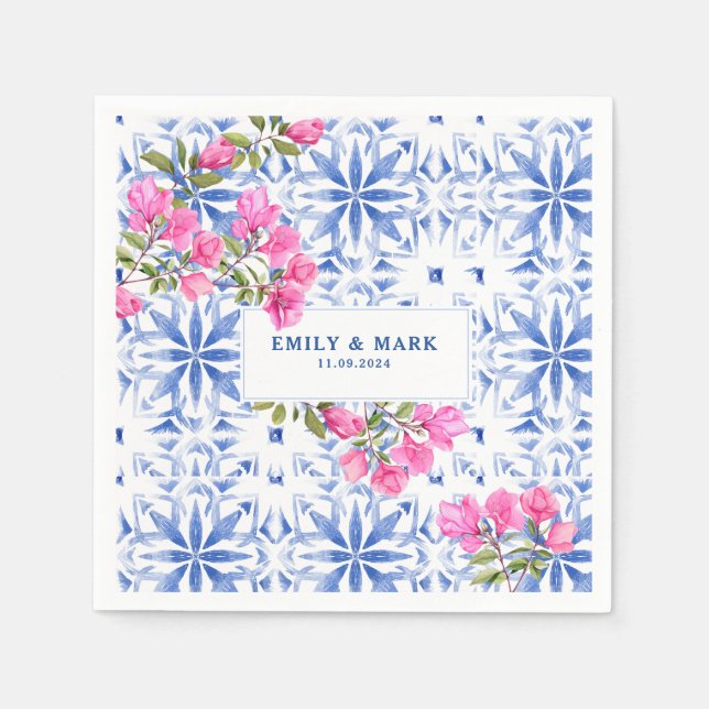 Servilleta De Papel Boda de acuarela en Santorini Grecia azul y blanco (Anverso)