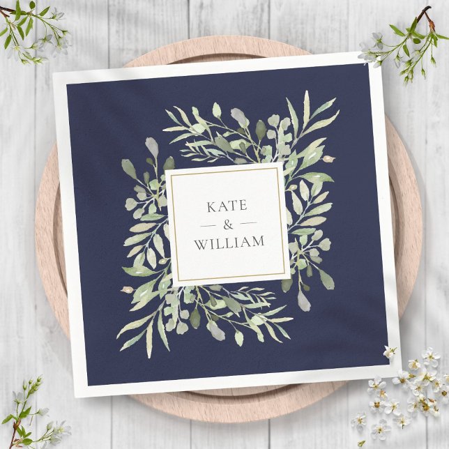 Servilleta De Papel Boda de acuarela Marina Blue Greenery (Navy Blue Greenery Watercolor Wedding Napkins)