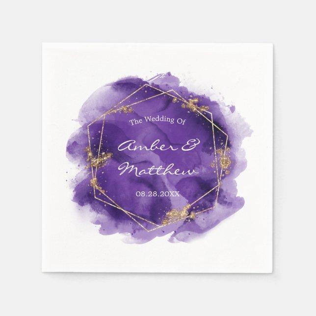 Servilleta De Papel Boda de acuarela Purpurina morado y dorado (Anverso)
