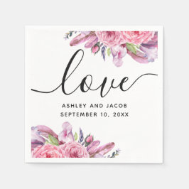 Servilleta De Papel Boda de acuarela rosa boho floral y plumas