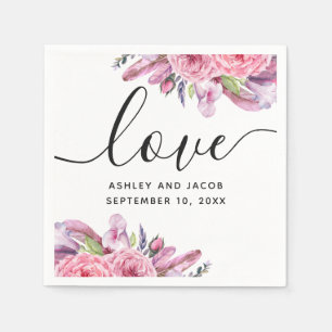 Servilleta De Papel Boda de acuarela rosa boho floral y plumas