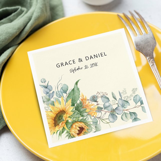Servilleta De Papel Boda de acuarela rústica de girasol Eucalyptus (Rustic Watercolor Sunflower Eucalyptus Wedding Napkins)