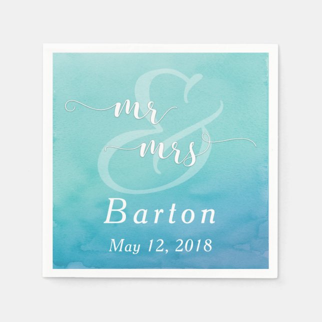 Servilleta De Papel Boda de acuarela verde azulada y azul Sr. y Sra. T (Anverso)