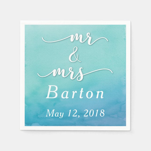 Servilleta De Papel Boda de acuarela verde azulada y azul Sr. y Sra. T (Anverso)