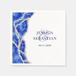Servilleta De Papel Boda de ágata blanca elegante azul real y oro